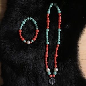 Coral Blue and Peach pearl necklace and bracelet